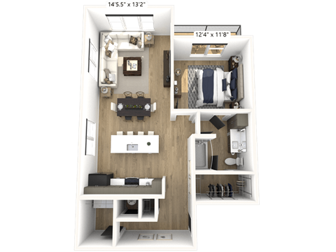 Floor plan for 1 bed, 1 bath, 875 sqft